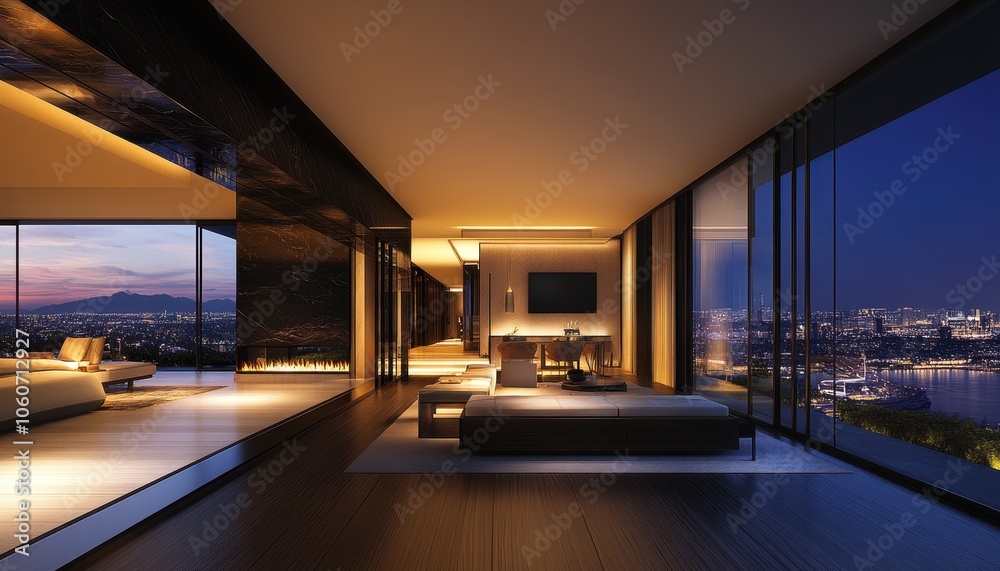 Modern living room at dusk featuring a large TV screen and stunning city views Modern living room at dusk featuring a large TV screen and stunning city views