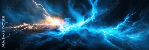 Electric storm, cosmic energy clash, blue and orange lightning, celestial forces colliding, ethereal wisps, dark background, dynamic energy flow, abstract cosmos, vibrant contrasts, swirling nebula-li