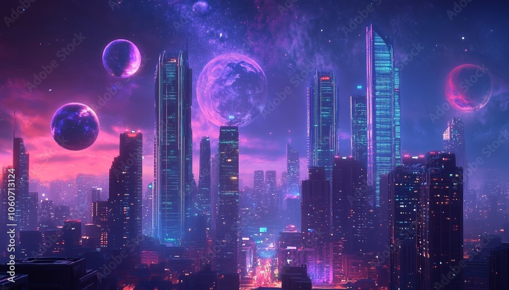 Obraz premium A Fantasy Cityscape with Towers a Bright Moon in a Starry Sky