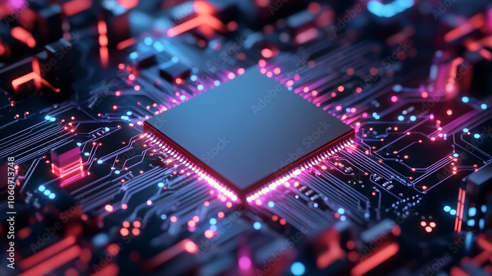 Futuristic Microchip Symbolizing Advanced Technology with Neon Lights Futuristic Microchip Symbolizing Advanced Technology with Neon Lights
