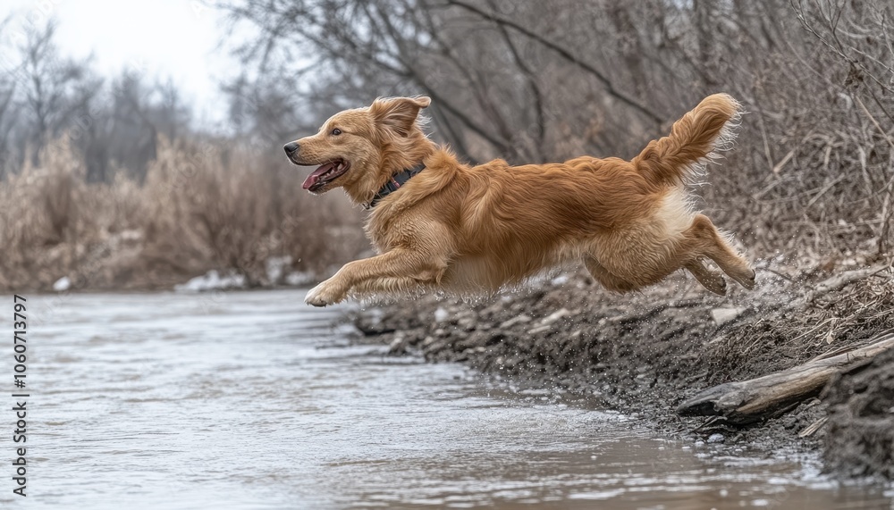 A joyful golden retriever leaps joyfully above a serene riverside on a sunny day A joyful golden retriever leaps joyfully above a serene riverside on a sunny day