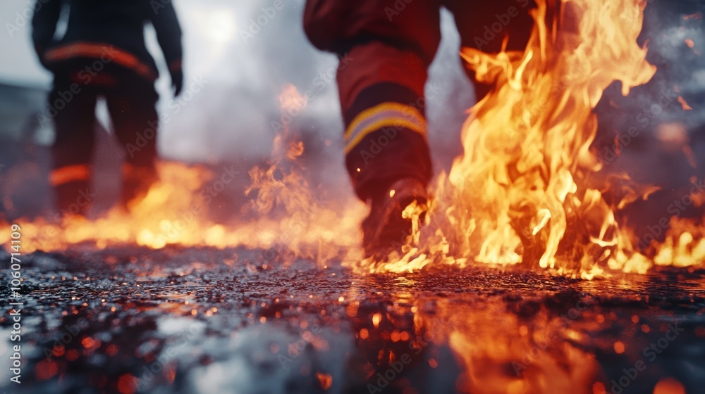 Firefighter Walking Towards a Burning Vehicle in a Controlled Fire Training Exercise Firefighter Walking Towards a Burning Vehicle in a Controlled Fire Training Exercise