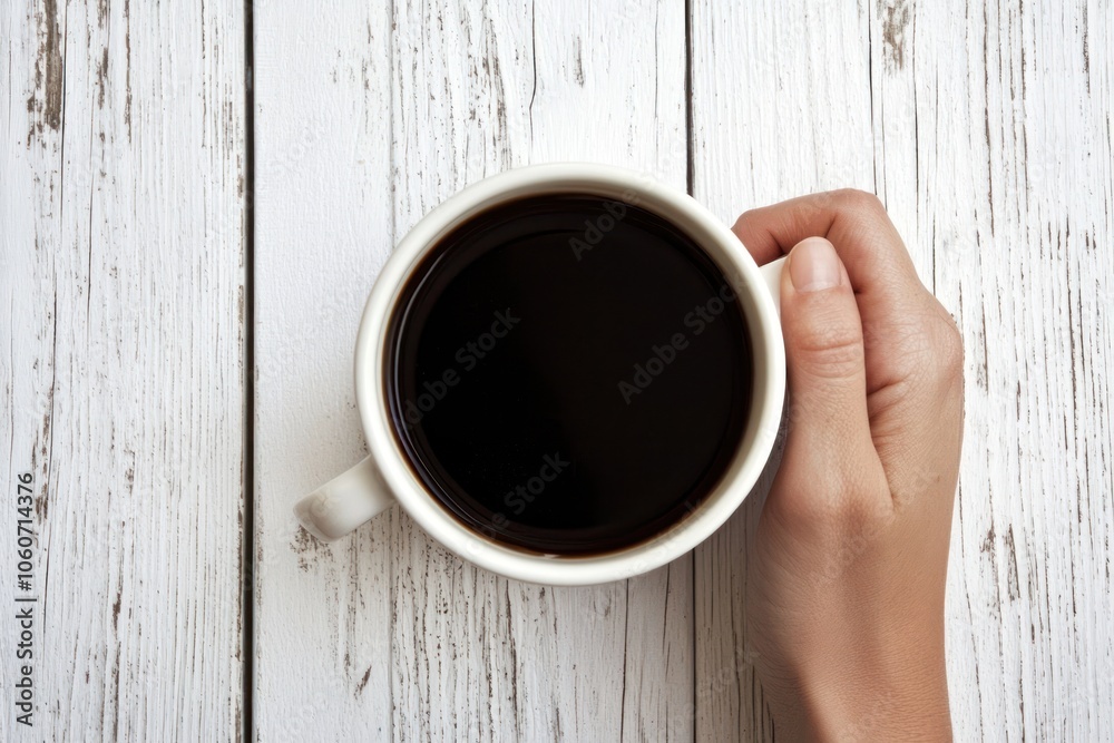 A Hand Holding a White Mug Filled with Black Coffee on a White Wooden Surface