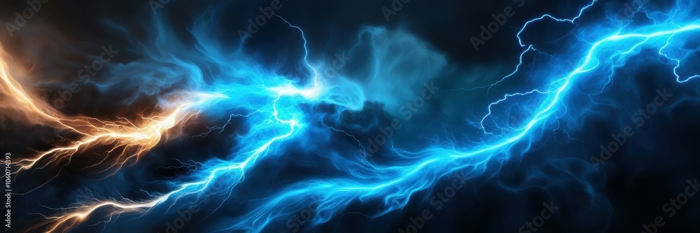Obraz premium Electric storm, cosmic energy clash, blue and orange lightning, celestial forces colliding, ethereal wisps, dark background, dynamic energy flow, abstract cosmos, vibrant contrasts, swirling nebula-li
