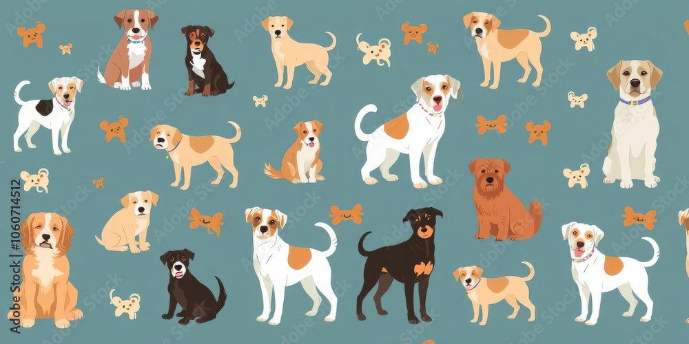 A seamless pattern of various dog breeds in different poses and colors, perfect for wallpaper design, dogs, wallpaper
