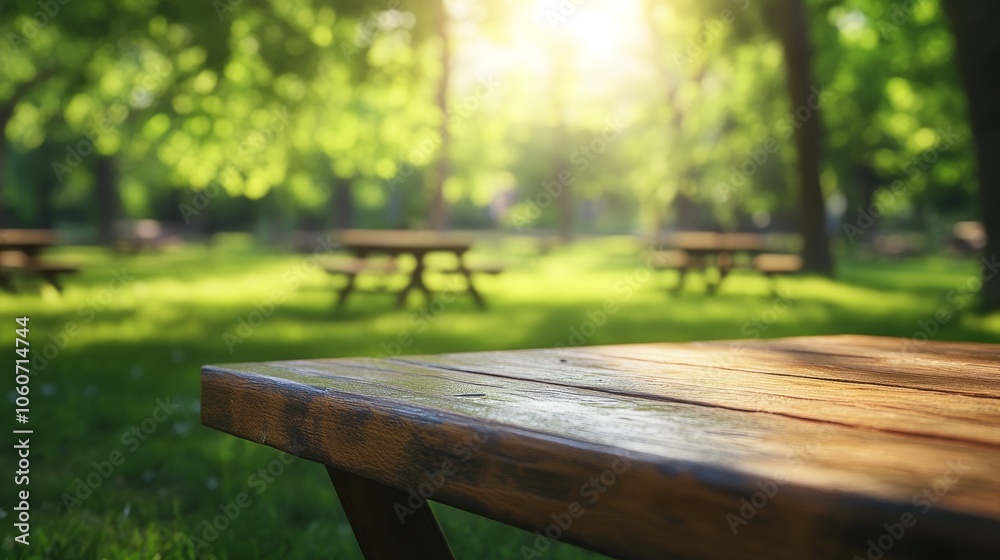 Picnic Table in a Park with a Soft Focus on Sunlit Trees in the Background Picnic Table in a Park with a Soft Focus on Sunlit Trees in the Background