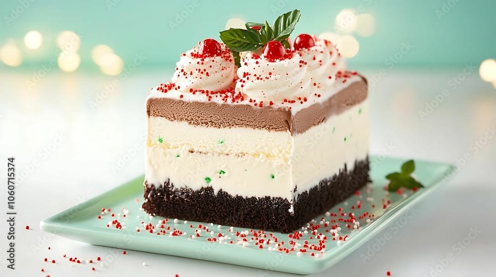 A festive ice cream cake with chocolate, vanilla, and cookie layers, topped with whipped cream, cherries, and red sprinkles on a mint green plate. A festive ice cream cake with chocolate, vanilla, and cookie layers, topped with whipped cream, cherries, and red sprinkles on a mint green plate.