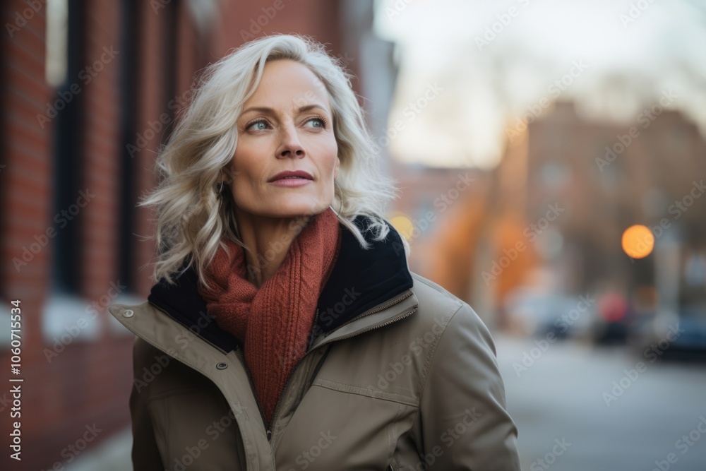 Outdoor portrait of beautiful middle-aged woman in winter coat and scarf Outdoor portrait of beautiful middle-aged woman in winter coat and scarf