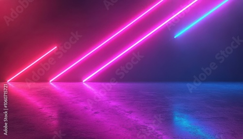 Neon blue, pink, and purple lasers create a cyberpunk backdrop