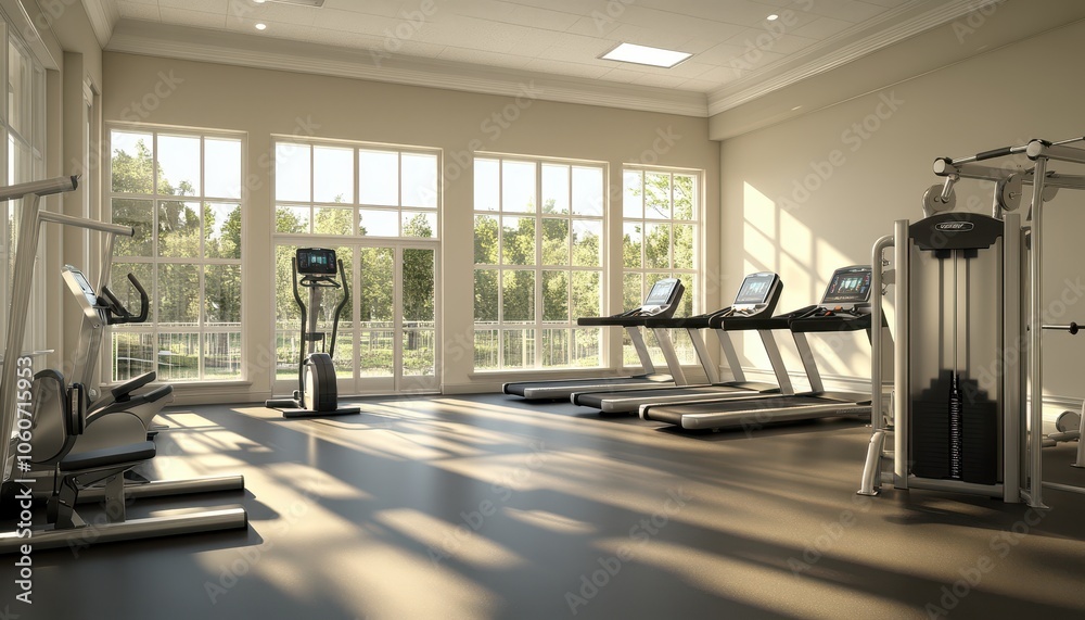 Bright and spacious gym with various exercise equipment for fitness activities Bright and spacious gym with various exercise equipment for fitness activities