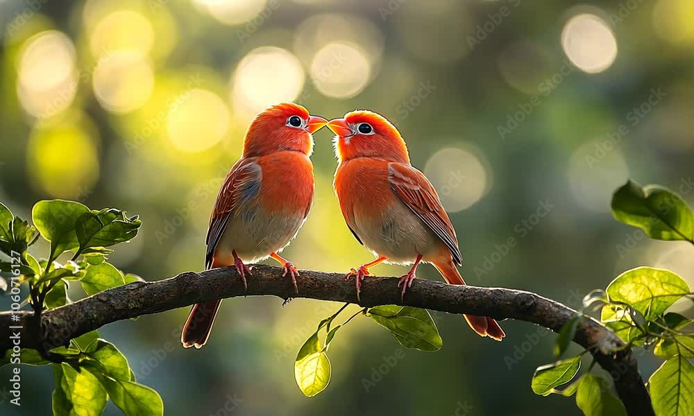 Two vibrant birds perched on a branch surrounded by greenery.