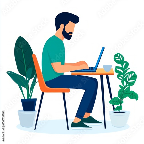 A man sits at a desk with a laptop and a cup of coffee in front of him. He is working on his computer and there are plants in the background.