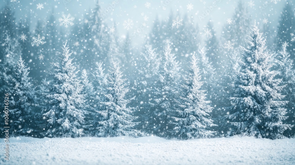 Winter wonderland scene with a forest of snow-laden fir trees and drifting snowflakes, ideal for holiday and New Year greetings. Winter wonderland scene with a forest of snow-laden fir trees and drifting snowflakes, ideal for holiday and New Year greetings.