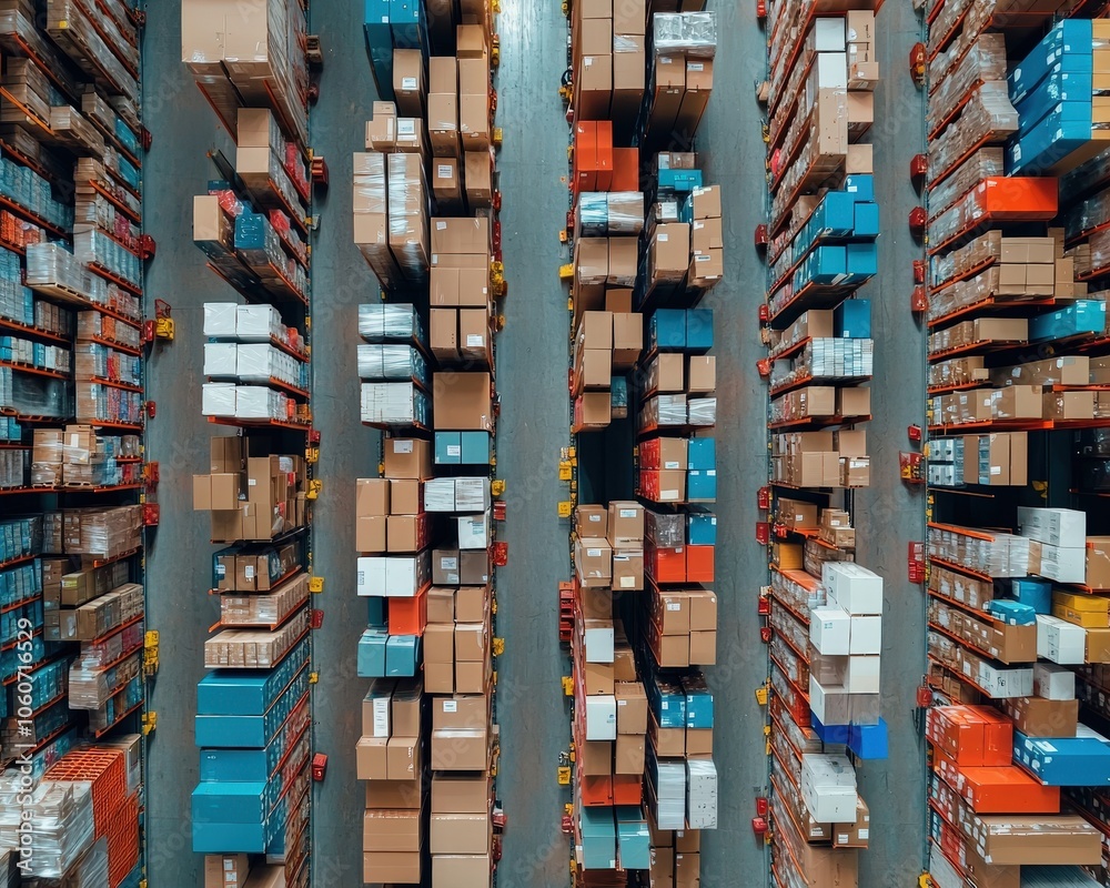 Aerial view of an efficient warehouse layout with clear pathways and organized shelves Aerial view of an efficient warehouse layout with clear pathways and organized shelves
