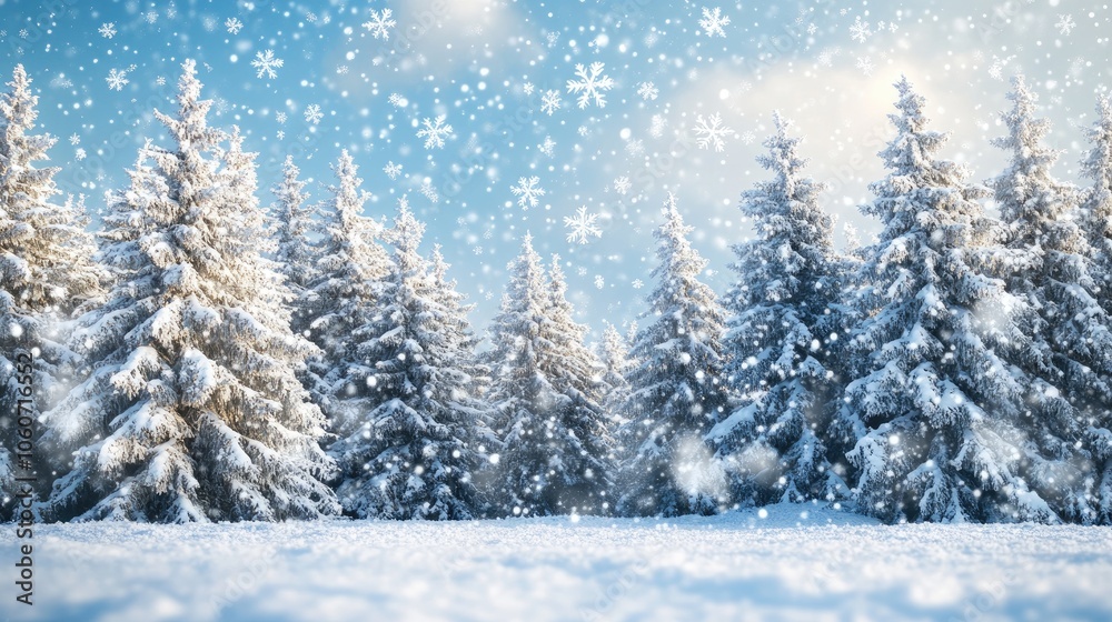 Winter wonderland scene with a forest of snow-laden fir trees and drifting snowflakes, ideal for holiday and New Year greetings. Winter wonderland scene with a forest of snow-laden fir trees and drifting snowflakes, ideal for holiday and New Year greetings.
