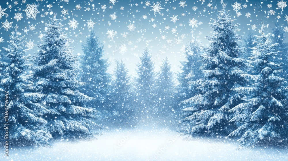 Obraz premium Winter wonderland scene with a forest of snow-laden fir trees and drifting snowflakes, ideal for holiday and New Year greetings.
