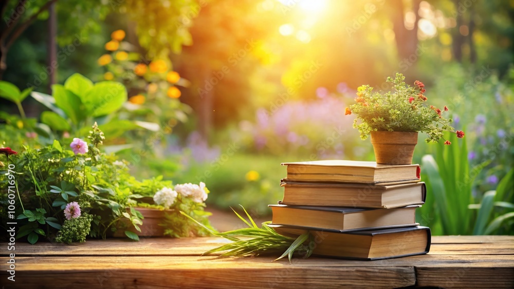 Serene Outdoor Reading: Silhouette of a Stack of Books on a Wooden Table in a Lush Garden with Copy Space for Quotes and Reflections Serene Outdoor Reading: Silhouette of a Stack of Books on a Wooden Table in a Lush Garden with Copy Space for Quotes and Reflections