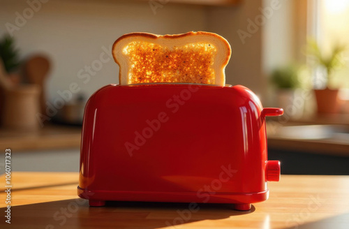 red toaster with freshly baked toast, space for text, morning sun rays photo