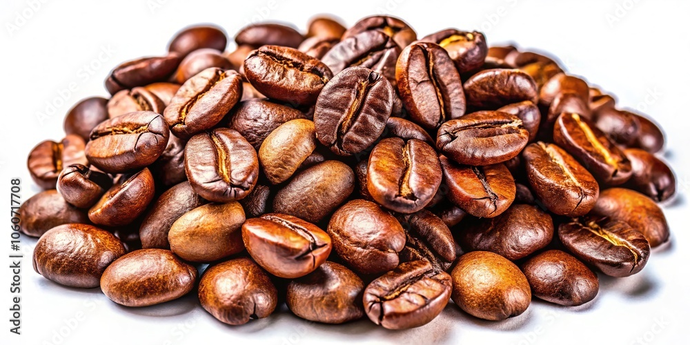 Richly textured coffee beans against a pristine white backdrop, ideal for coffee aficionados and culinary creations, capturing the essence and beauty of fresh coffee. Richly textured coffee beans against a pristine white backdrop, ideal for coffee aficionados and culinary creations, capturing the essence and beauty of fresh coffee.