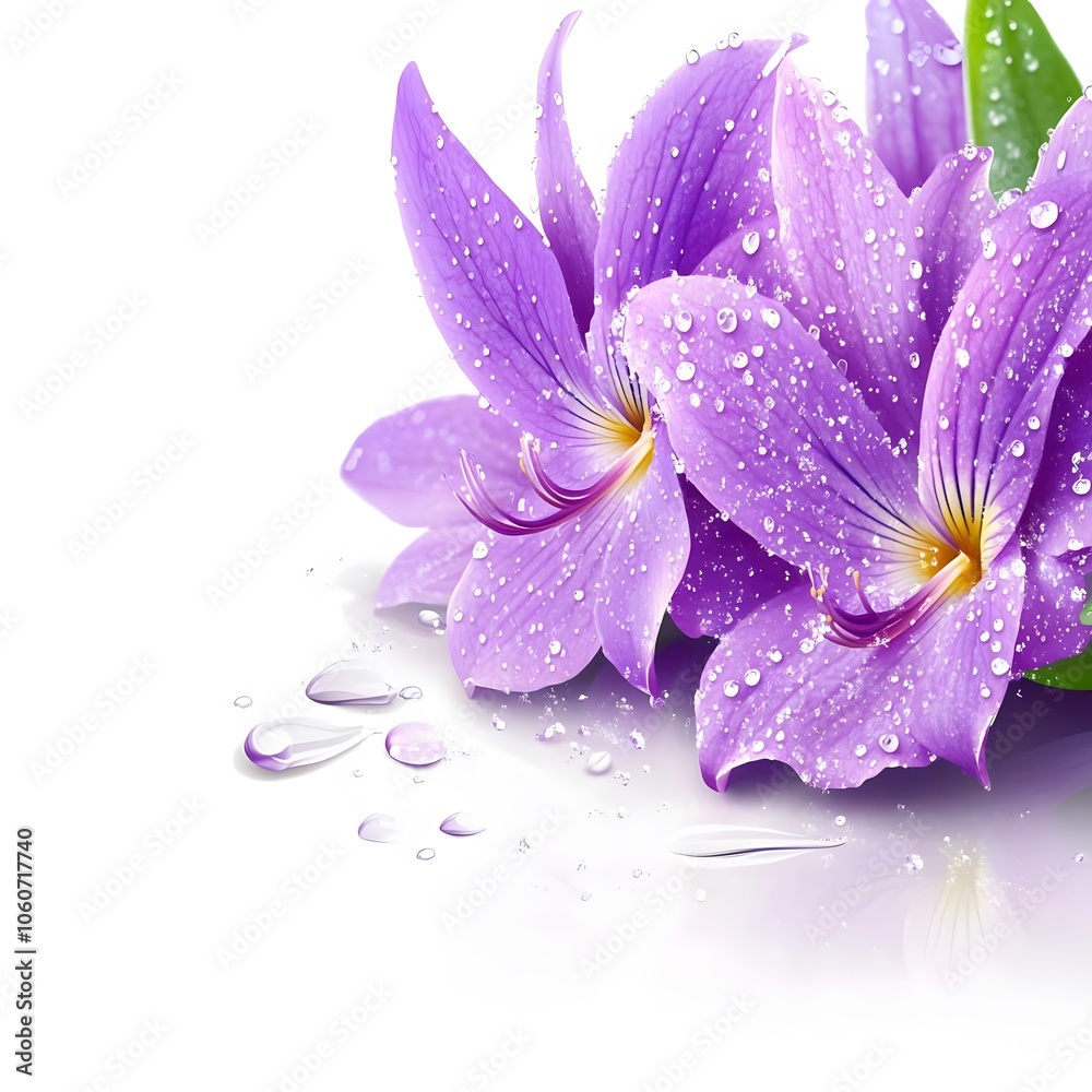 A close-up of purple flowers with water droplets, showcasing beauty and freshness.