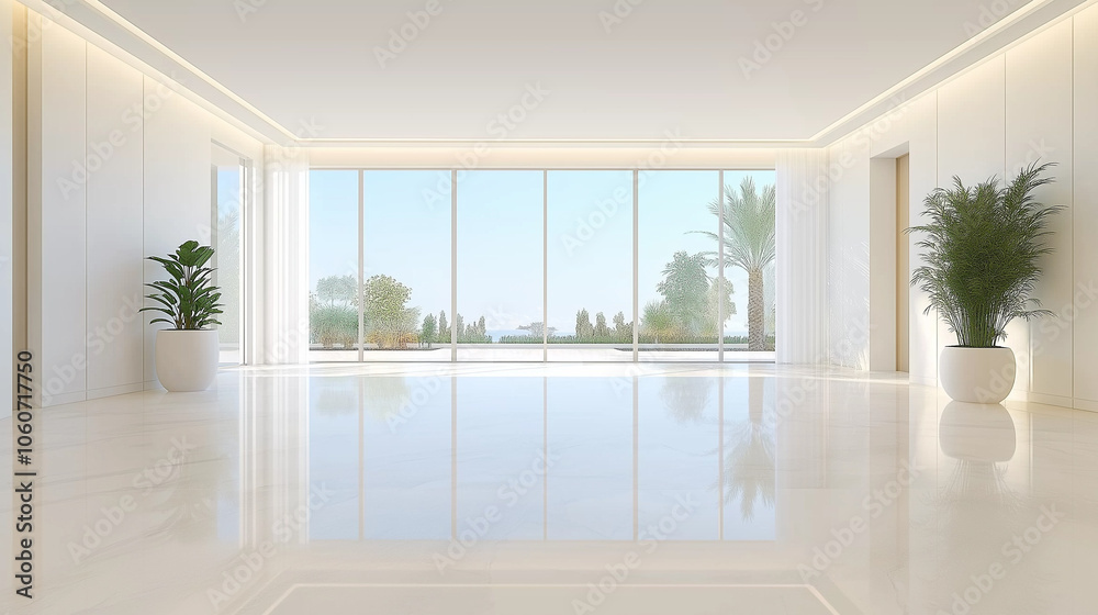 Fototapeta premium modern interior design 3d render for a new apartment, with to floor windows, light and contrast color,