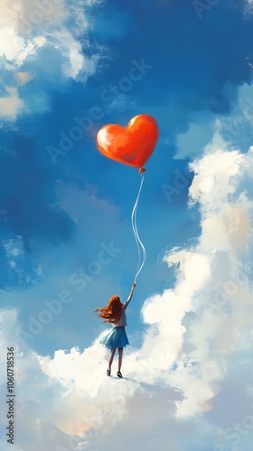 A Girl Holding a Heart-Shaped Balloon in the Clouds