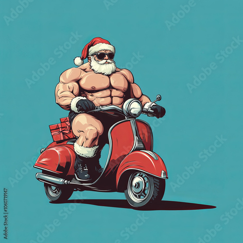 A fun illustration of Santa Claus riding a scooter and a sleigh, surrounded by Christmas decorations, snowmen, gifts, and festive elements for a joyful holiday celebration,Genetrated By Ai photo