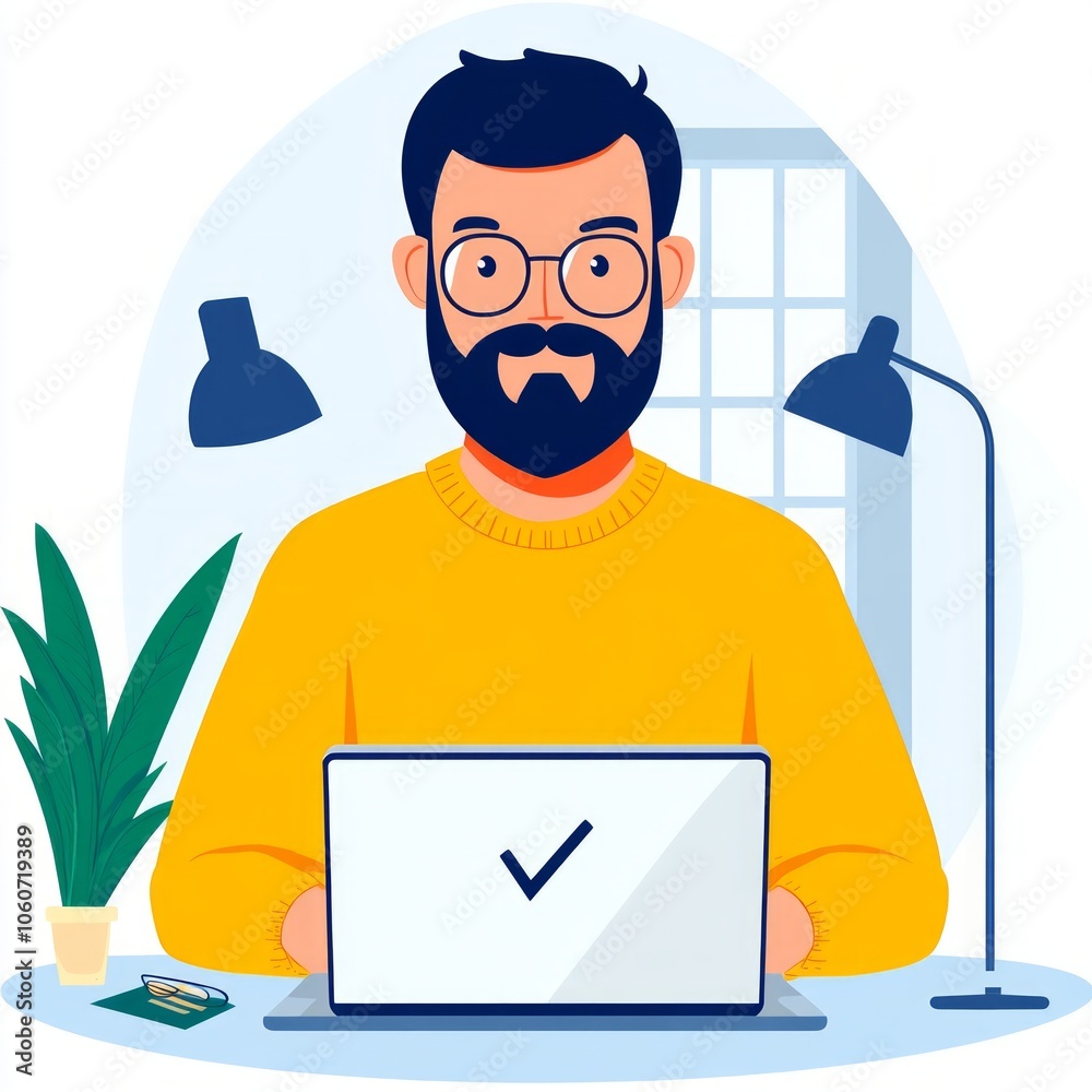 A man with a beard and glasses is working on his laptop at a desk. A man with a beard and glasses is working on his laptop at a desk.