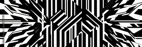 Op art, geometric patterns, black and white, abstract design, concentric squares, diagonal lines, hypnotic illusion, high contrast, symmetrical composition, optical illusion, tessellation, graphic art