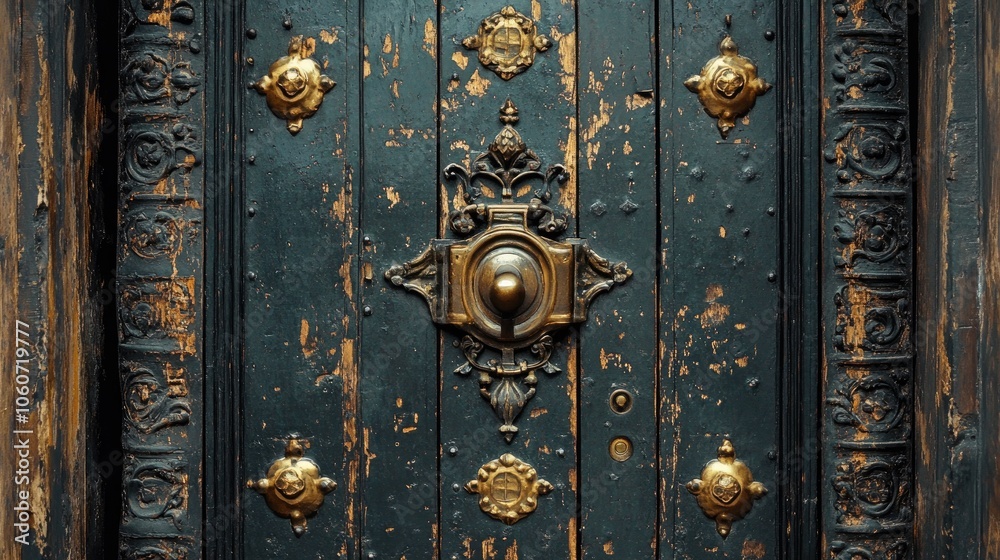 Antique door with ornate details. This image can be used to convey themes of history, mystery, or timelessness. Antique door with ornate details. This image can be used to convey themes of history, mystery, or timelessness.