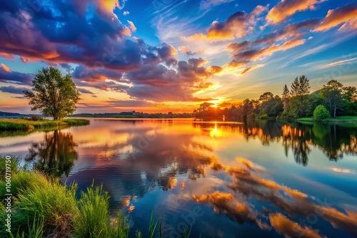 Serenity in Sunset: Tranquil Landscape, Calming Waters, Vibrant Colors, Peaceful Nature, Evening Glow, Reflective Atmosphere, Relaxing Scenery, Majestic Horizon, Soft Lighting, Soothing Vibes,  photo