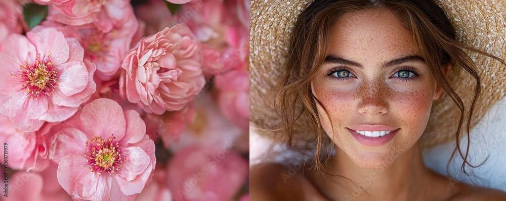 Fototapeta premium Close-up Portrait of a Woman with Freckles and Pink Flowers