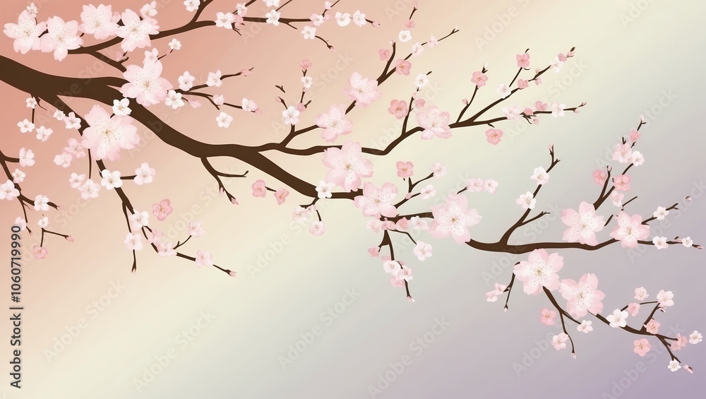 Fototapeta premium Traditional Japanese cherry blossom branches on a pastel background. Created with generative AI technology