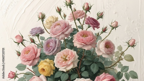 Vintage botanical illustration of blooming roses with delicate details. Created with generative AI technology