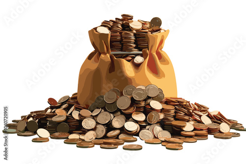 Money bag with stack of coins money on white background, Saving for prepare in future and Business investment concept