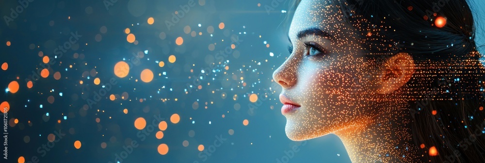 Woman's Profile with Digital Particles and Bokeh Lights Woman's Profile with Digital Particles and Bokeh Lights