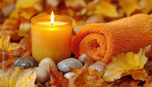 Relaxing autumn spa setup with candles, stones, and towels in warm earthy tones