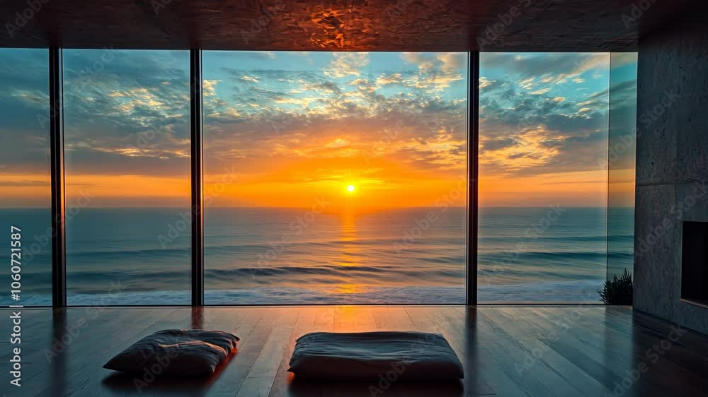 Two cushions sit on a wooden floor, facing a large window overlooking a sunset over the ocean Two cushions sit on a wooden floor, facing a large window overlooking a sunset over the ocean
