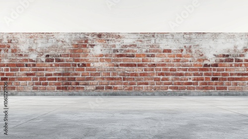A brick wall, reddish-brown with some white patches, sits on a light gray concrete floor.