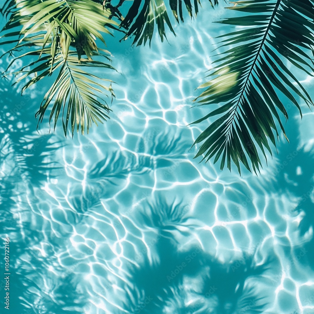 Calm turquoise water with sunlight reflections, surrounded by lush tropical palm leaves creating a serene vacation atmosphere. Calm turquoise water with sunlight reflections, surrounded by lush tropical palm leaves creating a serene vacation atmosphere.