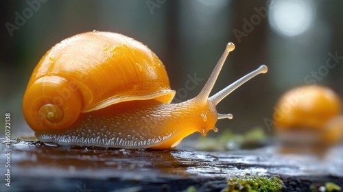 Golden snail glides on a mossy log in a serene forest setting, AI