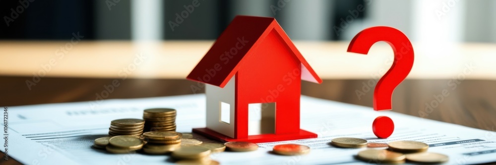 Small red house model, stack of coins, question mark, financial concept, real estate investment, property market, home buying decision, mortgage, savings, blurred background, close-up view, selective Small red house model, stack of coins, question mark, financial concept, real estate investment, property market, home buying decision, mortgage, savings, blurred background, close-up view, selective