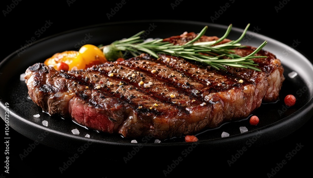Grilled juicy steak served on a black plate with herbs and vegetables in smoke Grilled juicy steak served on a black plate with herbs and vegetables in smoke