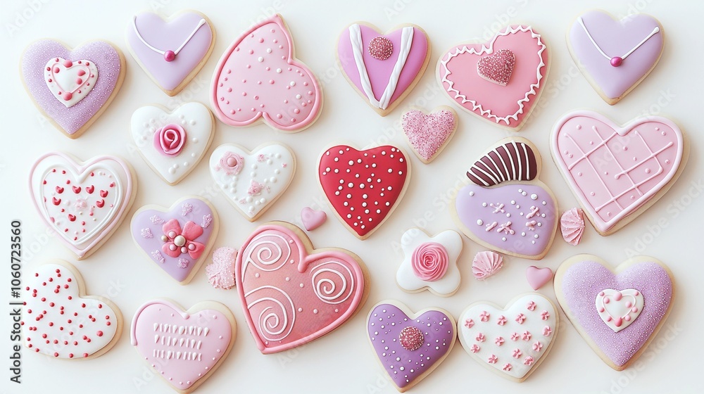 Valentine's Day cookies in the shape of hearts decorated with pink and white icing, on a light background, pastel colors, top view, flat lay. Valentine's Day cookies in the shape of hearts decorated with pink and white icing, on a light background, pastel colors, top view, flat lay.