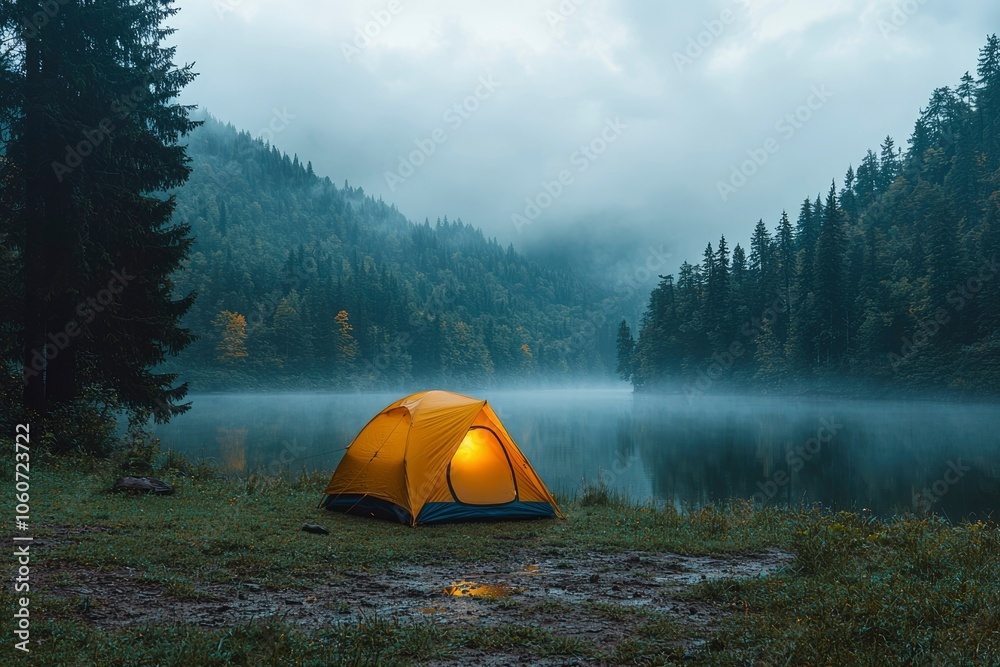 Illuminated Tent on the Shore of a Foggy Lake in a Forest Illuminated Tent on the Shore of a Foggy Lake in a Forest