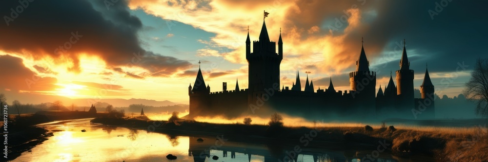 Ethereal island silhouette, tranquil lake reflection, golden sunset sky, dramatic clouds, panoramic landscape, serene atmosphere, towering spires, dreamlike scenery, fantasy realm, mystical horizon, c Ethereal island silhouette, tranquil lake reflection, golden sunset sky, dramatic clouds, panoramic landscape, serene atmosphere, towering spires, dreamlike scenery, fantasy realm, mystical horizon, c