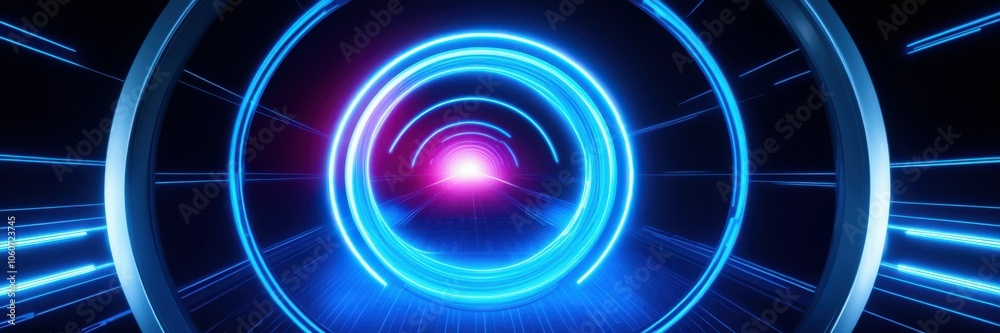 Futuristic neon tunnel, glowing blue circular portal, sci-fi corridor, orange energy beams, high-tech spaceship interior, cyberpunk aesthetic, motion blur, dark background, vibrant colors, symmetrical Futuristic neon tunnel, glowing blue circular portal, sci-fi corridor, orange energy beams, high-tech spaceship interior, cyberpunk aesthetic, motion blur, dark background, vibrant colors, symmetrical