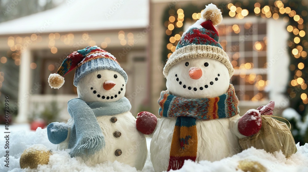 Two cheerful snowmen in hats and scarves against the background of a Christmas decorated house, 3D rendering. Two cheerful snowmen in hats and scarves against the background of a Christmas decorated house, 3D rendering.