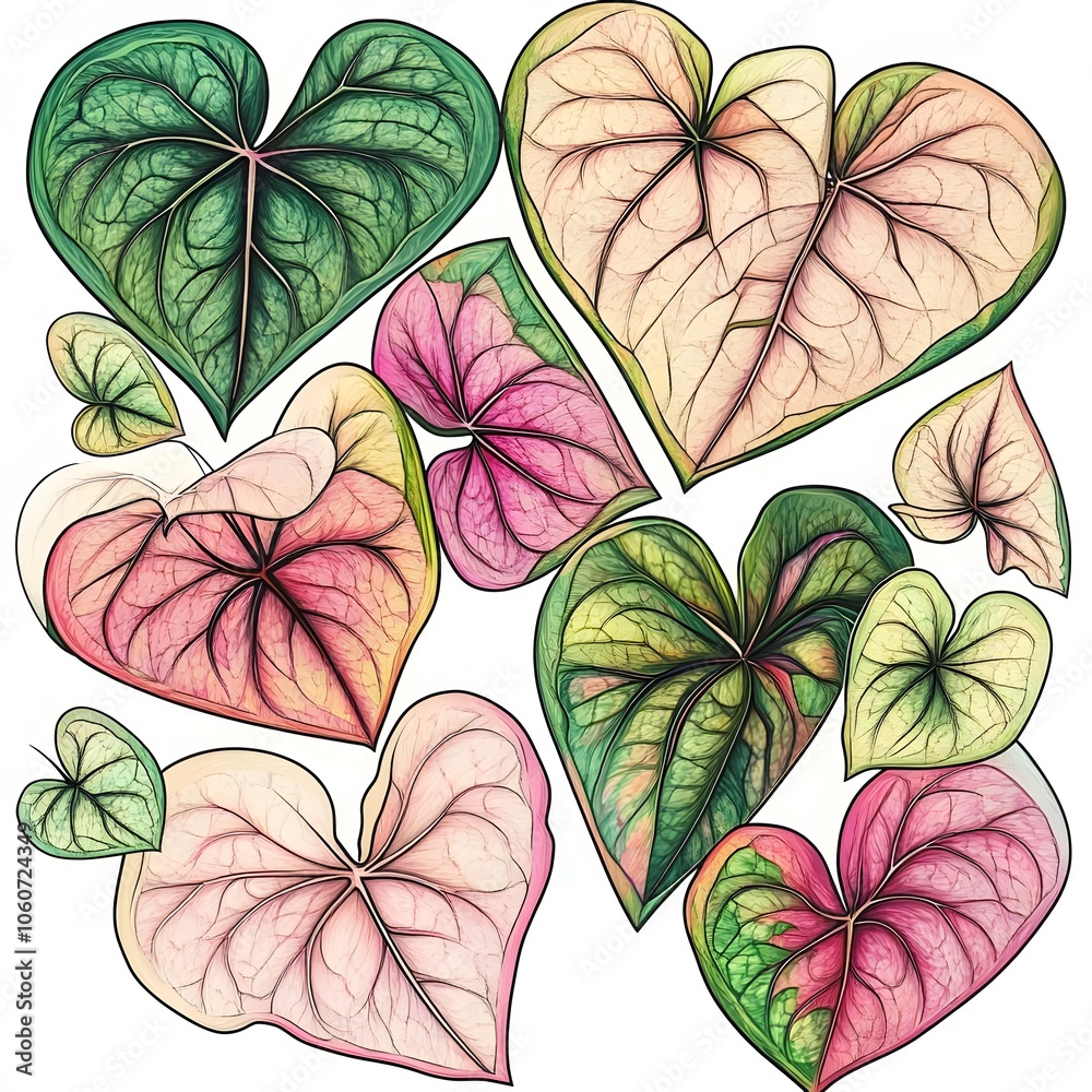 Fototapeta premium A collection of heart-shaped leaves in various colors and patterns.