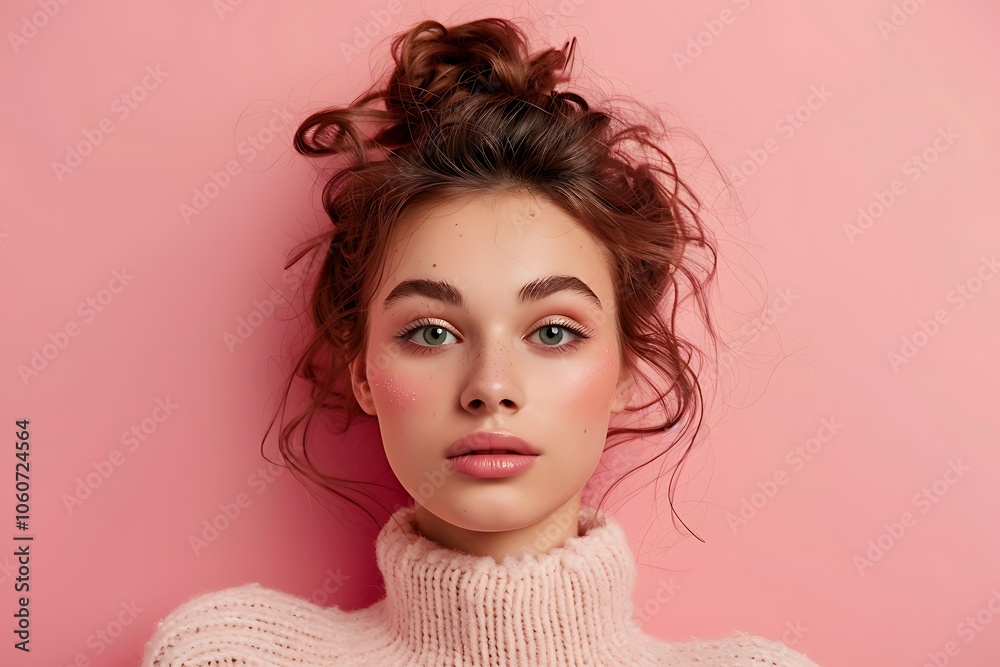 A stunning minimalistic beauty setup featuring a young model with makeup brushes, highlighting a vibrant pink background for an appealing aesthetic. A stunning minimalistic beauty setup featuring a young model with makeup brushes, highlighting a vibrant pink background for an appealing aesthetic.
